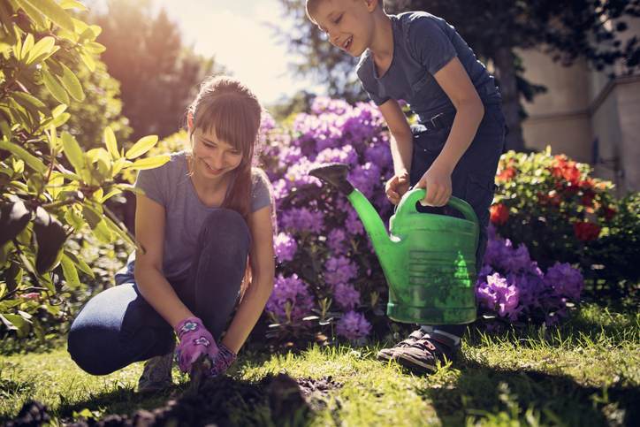 Brother and sister tending to flowers in garden